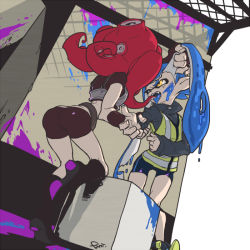 Rule 34 | 2girls, armor, ass, back, bad id, bad pixiv id, bike shorts, blue hair, blue tongue, boots, breastplate, colored tongue, crop top, fangs, from behind, full body, hand in own hair, holding another&#039;s wrist, inkling, inkling girl, inkling player character, jacket, long sleeves, multiple girls, nintendo, octoling, one eye closed, open mouth, paint, paint splatter, pani spla, pointy ears, red hair, short sleeves, splatoon (series), splatoon 2, sweatdrop, takozonesu, teeth, tentacle hair, tongue, tongue out, yellow eyes