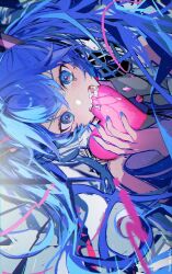Rule 34 | 1girl, artist name, bare shoulders, blue eyes, blue hair, blue nails, blue necktie, blush, collared shirt, commentary, dated, detached sleeves, eating, fingernails, grey background, grey shirt, hair between eyes, hair ornament, hand up, hatsune miku, heart, heart-shaped pupils, highres, holding, long hair, long sleeves, looking at viewer, maronrice, nail polish, necktie, open mouth, sharp teeth, shirt, sideways, simple background, solo, symbol-shaped pupils, teeth, tongue, twintails, upper body, vocaloid, white background, wide sleeves