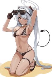 Rule 34 | 1girl, armpits, bikini, black bikini, black footwear, black gloves, blue archive, breasts, brown eyes, brown gloves, chan ye2, dark-skinned female, dark skin, demon tail, eyewear on head, gloves, grey hair, grey halo, hair over one eye, halo, highres, iori (blue archive), iori (swimsuit) (blue archive), kneeling, long bangs, long hair, looking at viewer, medium breasts, multi-strapped bikini bottom, navel, official alternate costume, presenting armpit, red eyes, revision, sandals, simple background, solo, stomach, sunglasses, swimsuit, tail, toes, twintails, white background