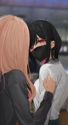 Rule 34 | 2girls, anger vein, black hair, black mask, black sweater, blurry, blurry background, blush, body blush, cafe, colored inner hair, commentary request, ear piercing, facing away, highres, light brown hair, long sleeves, looking at another, mask, mouth mask, multicolored hair, multiple girls, multiple piercings, noyama (noyama8888), original, piercing, pink hair, red eyes, school uniform, shirt, shirt grab, short hair, sidelocks, streaked hair, sweater, two-tone hair, upper body, white shirt, yuri