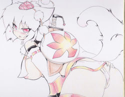 Rule 34 | 1girl, adapted costume, animal ears, areola slip, ass, backboob, bare shoulders, blush, breasts, detached sleeves, female focus, from behind, hand on thigh, hat, heart, inubashiri momiji, large breasts, leaning forward, looking at viewer, looking back, microskirt, okiraku nikku, open mouth, panties, pantyshot, red eyes, revealing clothes, sheath, sheathed, shield, shikishi, short hair, sideboob, sketch, skirt, solo, sword, tail, tokin hat, touhou, traditional media, underwear, upskirt, weapon, white hair, white panties, wolf ears, wolf tail