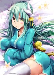 Rule 34 | 1girl, aqua hair, ass, blush, breasts, cherry blossoms, collarbone, commentary request, dragon horns, fate/grand order, fate (series), green hair, hair between eyes, hair ornament, horns, japanese clothes, kimono, kiyohime (fate), large breasts, long hair, looking at viewer, sen (astronomy), sleeves past wrists, solo, thighhighs, white thighhighs, wide sleeves, yellow eyes