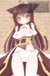 Rule 34 | 1girl, animal ear fluff, animal ears, arch bishop (ragnarok online), arm under breasts, blush, bow, breasts, breasts out, brick wall, brown dress, brown hair, cat ears, chat log, closed mouth, commentary request, commission, cowboy shot, cross, dress, hair bow, highres, juliet sleeves, kannazuki jiru, long hair, long sleeves, looking at viewer, medium breasts, navel, nipples, panties, puffy sleeves, ragnarok online, sash, skeb commission, solo, thighhighs, translation request, two-tone dress, underwear, white dress, white panties, white thighhighs, yellow bow, yellow eyes, yellow sash