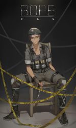 Rule 34 | 1girl, bags under eyes, beret, black hat, black nails, bope, braid, breasts, brown eyes, brown gloves, brown hair, caution tape, caveira (rainbow six siege), chair, character name, collared shirt, combat knife, commentary, commission, dark-skinned female, dark skin, english commentary, fingernails, forehead, full body, gloves, grey shirt, hat, highres, holding, holding knife, holster, keep out, knee pads, knife, load bearing vest, long eyebrows, looking at viewer, magazine (weapon), military operator, nail polish, open clothes, open shirt, patch, pouch, rainbow six, rainbow six siege, shirt, shoes, single braid, sitting, sleeves rolled up, small breasts, sneakers, solo, spread legs, thigh holster, thigh pouch, walkie-talkie, weapon, youzu (youzuyozu)