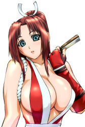 Rule 34 | 1girl, bare shoulders, blue eyes, breasts, brown hair, cleavage, folded fan, hand fan, fatal fury, fingerless gloves, folding fan, gloves, large breasts, long hair, ponytail, revealing clothes, shiranui mai, snk, solo, the king of fighters, ueyama michirou