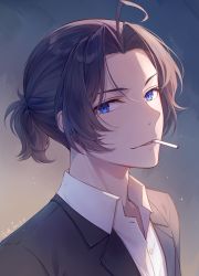Rule 34 | 1boy, ahoge, ayuanlv, black jacket, blue eyes, brown hair, cigarette, collared shirt, dress shirt, forehead, formal, jacket, looking at viewer, male focus, mouth hold, parted bangs, parted lips, ponytail, sherlock holmes (yuukoku no moriarty), shirt, sidelocks, solo, suit, upper body, white shirt, yuukoku no moriarty