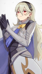 Rule 34 | 1girl, absurdres, armor, black gloves, black hairband, blue cape, cape, closed mouth, corrin (female) (fire emblem), corrin (fire emblem), fire emblem, fire emblem fates, gloves, grey hair, hair between eyes, hairband, highres, long hair, looking at viewer, nintendo, oruru63100814, pointy ears, red eyes, smile, solo, white background