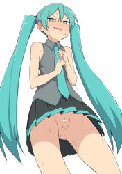 Rule 34 | 1girl, bar censor, blue hair, blush, bright pupils, censored, female focus, from below, hatsune miku, long hair, looking at viewer, necktie, no panties, pussy, shirt, solo, sweat, twintails, upskirt, vocaloid, white pupils