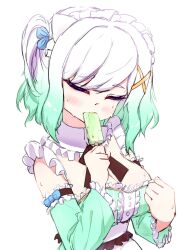 Rule 34 | 1girl, blush, bow, breasts, cgator, cleavage, closed eyes, detached sleeves, dress, dress tug, food, food in mouth, frilled dress, frills, gradient hair, green hair, highres, indie virtual youtuber, maid, maid headdress, medium breasts, medium hair, mint fantome, multicolored hair, one side up, popsicle, popsicle in mouth, sidelocks, simple background, solo, striped clothes, striped dress, upper body, virtual youtuber, white background, white hair