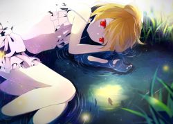 Rule 34 | 1girl, bad id, bad pixiv id, blonde hair, dress, empty eyes, fish, frilled dress, frills, funota, in water, kagerou project, kisaragi momo, looking at viewer, lying, red eyes, reflection, solo, vocaloid, yamaha