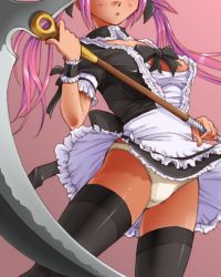 Rule 34 | 1girl, airi (queen&#039;s blade), airi (queen's blade), airi (the infernal temptress), apron, black dress, black thighhighs, blush, bow, bowtie, dr rex, dress, head out of frame, lace, lace-trimmed panties, lace trim, maid, maid apron, panties, pantyshot, pink hair, queen&#039;s blade, scythe, solo, thighhighs, underwear, white panties