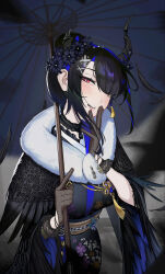 Rule 34 | 1girl, asymmetrical horns, black hair, black kimono, blue hair, blush, choker, colored inner hair, demon horns, frilled choker, frills, gloves, hair ornament, head tilt, highres, hololive, hololive english, horns, japanese clothes, kimono, lace, lace gloves, looking at viewer, mole, mole under eye, multicolored hair, nerissa ravencroft, nerissa ravencroft (new year), official alternate costume, official alternate hairstyle, parasol, red eyes, solo, umbrella, uneven horns, virtual youtuber, wvs