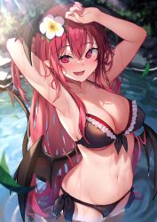 Rule 34 | 1girl, :d, armpits, arms up, bikini, black bikini, blush, breasts, cleavage, commentary request, demon wings, fang, flower, hair between eyes, head wings, highres, koakuma, leaf, long hair, looking at viewer, navel, open mouth, red eyes, red hair, side-tie bikini bottom, smile, solo, stomach, swimsuit, touhou, very long hair, wading, water, white flower, wings, wowoguni