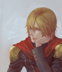 Rule 34 | 1boy, 2012, ace (fft-0), arm support, axis04, blonde hair, blue background, blue eyes, closed mouth, final fantasy, final fantasy type-0, hair between eyes, head rest, lips, long hair, long sleeves, looking to the side, male focus, military, military uniform, pink lips, red scarf, scarf, shoulder pads, simple background, smile, solo, uniform, upper body