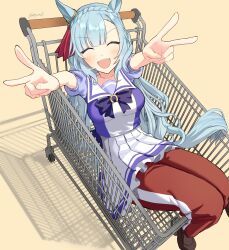 Rule 34 | 1girl, absurdres, animal ears, arms up, artist name, banpunsik, blue hair, blush, bow, braid, brown footwear, closed eyes, commentary request, crown braid, double v, ear ornament, facing viewer, highres, horse ears, horse girl, horse tail, in cart, in shopping cart, light blue hair, loafers, long hair, mejiro ardan (umamusume), open mouth, pants, partial commentary, petticoat, pleated skirt, puffy short sleeves, puffy sleeves, purple bow, purple shirt, red pants, sailor collar, school uniform, shirt, shoes, shopping cart, short sleeves, simple background, skirt, smile, solo, summer uniform, sweatpants, tail, tracen school uniform, umamusume, v, white skirt, yellow background