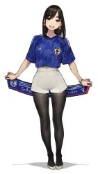 Rule 34 | 1girl, 2022 fifa world cup, :d, banner, black pantyhose, blue shirt, breasts, brown eyes, brown hair, contrapposto, earrings, full body, ganbare douki-chan, high heels, highres, jewelry, kouhai-chan (douki-chan), large breasts, looking at viewer, open mouth, pantyhose, shirt, shoes, short hair, short shorts, short sleeves, shorts, simple background, smile, soccer uniform, solo, sportswear, straight-on, uniform, white background, white footwear, white shorts, world cup, yomu (sgt epper)
