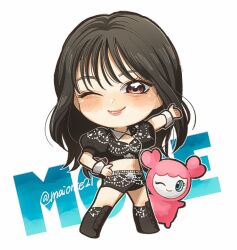 Rule 34 | 1girl, animification, black footwear, black hair, black shirt, black shorts, blush, boots, brown hair, chibi, commentary, creature, cropped shirt, english commentary, k-pop, long hair, maionce21, midriff, momo (twice), movely (twice), navel, one eye closed, open hand, puffy short sleeves, puffy sleeves, real life, shirt, short sleeves, shorts, smile, solo, third-party source, twice (group), wrist cuffs