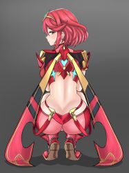 Rule 34 | 1girl, absurdres, ass, bob cut, desspie, earrings, highres, jewelry, pyra (xenoblade), red eyes, red hair, red shorts, red thighhighs, short hair, short shorts, shorts, solo, swept bangs, thighhighs, tiara, xenoblade chronicles (series), xenoblade chronicles 2