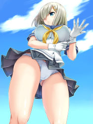 Rule 34 | 10s, 1girl, adjusting clothes, adjusting gloves, ass, bare legs, blue eyes, blue panties, blue skirt, blush, breasts, closed mouth, cloud, day, from below, gloves, grey thighhighs, hair ornament, hair over one eye, hairclip, hamakaze (kancolle), highres, kantai collection, large breasts, neckerchief, panties, pantyshot, pleated skirt, school uniform, serafuku, short hair, short sleeves, silver hair, skirt, sky, solo, standing, thighhighs, underbust, underwear, urase shioji, white gloves, yellow neckerchief