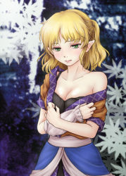 Rule 34 | 1girl, bare shoulders, blonde hair, bra, breasts, cleavage, female focus, green eyes, half updo, kanro-candy, lingerie, mizuhashi parsee, off shoulder, pointy ears, solo, touhou, underwear, undressing