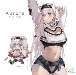 Rule 34 | 1girl, animal ears, arknights, arms up, aurora (arknights), bear ears, black gloves, black hairband, black shirt, blue eyes, blush, boots, breasts, candy, character name, chibi, cleavage, cleavage cutout, clothing cutout, commentary request, cowboy shot, crop top, cropped jacket, food, gloves, gluteal fold, grey footwear, grey shorts, hairband, highres, infection monitor (arknights), jacket, large breasts, long hair, long sleeves, looking at viewer, micro shorts, midriff, milluun, multiple views, navel, partial commentary, shirt, shorts, simple background, standing, stomach, stretching, very long hair, white background, white hair, white jacket