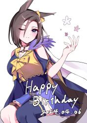 Rule 34 | 1girl, air groove (umamusume), animal ears, belt, bow, breasts, brown hair, cape, choker, cleavage, collarbone, commentary request, dated, ear bow, eyeshadow, hair between eyes, hand up, happy birthday, highres, horse ears, horse girl, horse tail, looking at viewer, makeup, nitsu (nitsuni2 2), one eye closed, purple belt, purple eyes, purple skirt, red eyeshadow, short hair, simple background, single thighhigh, sitting, skirt, solo, tail, thighhighs, umamusume, white background, white cape, yellow bow