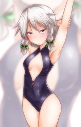 Rule 34 | 1girl, armpits, blue eyes, blush, braid, breasts, front zipper swimsuit, highres, izayoi sakuya, looking at viewer, meme attire, one-piece swimsuit, silver hair, small breasts, solo, swimsuit, takorice, touhou, twin braids, unzipped, zipper