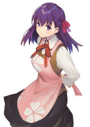 Rule 34 | 1girl, apron, black skirt, breasts, fate/stay night, fate (series), floral print, hair ribbon, highres, homurahara academy school uniform, large breasts, long skirt, long sleeves, matou sakura, neck ribbon, pink apron, purple eyes, purple hair, red ribbon, ribbon, school uniform, shirabi, shirt, simple background, skirt, solo, tan vest, white background, white shirt