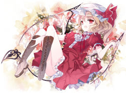 Rule 34 | 1girl, adapted costume, blonde hair, boots, bow, cierra (ra-bit), cross-laced footwear, dress, fang, flandre scarlet, flower, hand in own hair, hat, hat bow, knee boots, laevatein, mob cap, open mouth, puffy sleeves, ra-bit, red dress, red skirt, ribbon, short sleeves, side ponytail, skirt, solo, touhou, wings