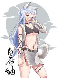 Rule 34 | 1girl, 5553pp, animal ears, arm warmers, bad id, bad pixiv id, bandaged arm, bandages, bare shoulders, belt, black panties, black shirt, blue eyes, blue hair, breasts, brown nails, cleavage, covering own mouth, cowboy shot, crop top, earrings, eyeshadow, fingernails, fur trim, hair ribbon, hand up, head tilt, highleg, highleg panties, highres, idolmaster, idolmaster million live!, jewelry, large breasts, long hair, looking back, low-tied long hair, makeup, midriff, miniskirt, navel, necklace, panties, ribbon, sharp fingernails, shiraishi tsumugi, shirt, side slit, sidelocks, single arm warmer, skirt, sleeveless, sleeveless shirt, solo, standing, stomach, tail, tattoo, tooth necklace, torn clothes, underwear, very long hair, vest, white ribbon, white skirt, white vest, wolf ears, wolf girl, wolf tail