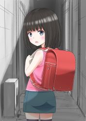 Rule 34 | 1girl, backpack, bag, black hair, blush, child, highres, looking at viewer, looking back, mo-ro, open mouth, randoseru, short hair, solo