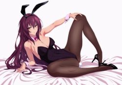Rule 34 | 1girl, absurdres, animal ears, bad id, bad twitter id, breasts, brown eyes, brown pantyhose, cleavage, closed mouth, detached collar, fake animal ears, fate/grand order, fate (series), fingernails, full body, gluteal fold, hairband, high heels, highres, large breasts, leotard, lips, long fingernails, long hair, looking at viewer, lying, nail polish, on side, pantyhose, playboy bunny, purple hair, rabbit ears, rabbit tail, scathach (fate), smile, solo, tail, tsurime, ulrich (tagaragakuin), wrist cuffs