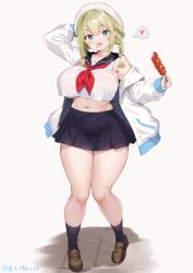 Rule 34 | 1girl, :d, arm up, aymusk, black sailor collar, black skirt, black socks, blonde hair, blue eyes, blush, breasts, brown footwear, coat, collarbone, corn dog, curvy, fang, food, freckles, freckles-chan (aymusk), heart, highres, holding, holding food, large breasts, loafers, looking at viewer, nail polish, navel, off shoulder, open mouth, original, sailor collar, school uniform, serafuku, shirt, shoes, simple background, skirt, smile, socks, solo, spoken heart, standing, thick thighs, thighs, underboob, white background, white coat, white serafuku, white shirt