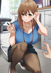 Rule 34 | 1girl, absurdres, blue shirt, breasts, brown hair, brown pantyhose, cleavage, collarbone, commentary request, fingernails, highres, holding, holding pen, indoors, kneeling, lanyard, large breasts, looking at viewer, mole, mole under eye, nail polish, office lady, original, pantyhose, pen, pencil skirt, pink nails, pov, shirt, shoes, skirt, solo focus, thighs, udon (udonalium), white footwear