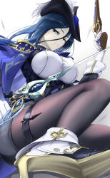 Rule 34 | 1girl, absolution (genshin impact), ankle boots, antique firearm, ascot, asymmetrical dual wielding, black pantyhose, blue ascot, blue cape, blue hair, boots, breasts, cape, clorinde (genshin impact), dark blue hair, dual wielding, elbow gloves, epaulettes, firearm, fold-over boots, fold-over gloves, foreshortening, framed breasts, genshin impact, gloves, gun, hat, hat feather, highres, holding, holding gun, holding sword, holding weapon, large breasts, long hair, looking at viewer, mait, pantyhose, pencil skirt, purple eyes, shirt, skirt, sword, taut clothes, taut shirt, thigh strap, tricorne, weapon, white gloves, white shirt