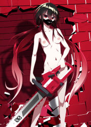 Rule 34 | 1girl, black hair, breasts, chainsaw, collarbone, commentary request, completely nude, dosu (doseven), holding, holding chainsaw, low twintails, mask, medium breasts, mouth mask, navel, nipples, nude, original, power tool, red eyes, red hair, shadow, solo, standing, twintails
