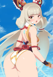 Rule 34 | 1girl, animal ears, ass, ass focus, bare shoulders, blush, breasts, cat ears, fang, from behind, green eyes, highres, huge ass, leotard, long hair, looking at viewer, looking back, low twintails, muchun, nia (blade) (xenoblade), nia (xenoblade), open mouth, sideboob, small breasts, smile, solo, thick thighs, thighs, twintails, very long hair, xenoblade chronicles (series), xenoblade chronicles 2