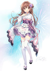 Rule 34 | 1girl, :d, absurdres, blush, brown eyes, brown hair, commentary request, fireworks, flower, full body, hair flower, hair ornament, highres, japanese clothes, karory, kimono, long hair, looking at viewer, obi, open mouth, original, plaid, plaid sash, sash, signature, sleeves past fingers, sleeves past wrists, smile, standing, thighhighs, thighs, white kimono, white thighhighs, wide sleeves, yukata