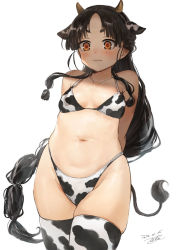Rule 34 | 1girl, animal ears, animal print, arms behind back, bikini, black hair, blush, breasts, closed mouth, commentary, cow ears, cow horns, cow print, cow tail, highleg, highleg bikini, horns, kantai collection, long hair, low-tied long hair, nisshin (kancolle), orange eyes, short eyebrows, simple background, small breasts, solo, swimsuit, tail, thighhighs, toka (marchlizard), very long hair, wavy mouth, white background