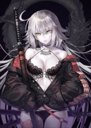Rule 34 | 1girl, adapted costume, bare shoulders, bikini, breasts, cleavage, collarbone, colored skin, cowboy shot, dragon, earrings, eyes visible through hair, fate/grand order, fate (series), highres, jacket, jeanne d&#039;arc alter (swimsuit berserker) (fate), jeanne d&#039;arc (fate), jeanne d&#039;arc alter (fate), jeanne d&#039;arc alter (swimsuit berserker) (fate), jewelry, katana, long hair, looking at viewer, medium breasts, o-ring, o-ring top, solo, swimsuit, sword, thighhighs, tsurukame, very long hair, weapon, white hair, white skin, yellow eyes