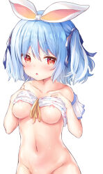 Rule 34 | 1girl, animal ears, bikini, bikini top only, blue hair, blue ribbon, blush, bottomless, breasts, collarbone, commentary request, groin, hair between eyes, hair ribbon, hands up, highres, hololive, looking at viewer, medium breasts, multicolored hair, nipples, parted lips, rabbit ears, red eyes, ribbon, shizukawashi sumi, short eyebrows, simple background, solo, streaked hair, swimsuit, thick eyebrows, two side up, usada pekora, virtual youtuber, white background, white bikini, white hair