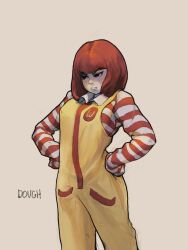Rule 34 | arched back, artist name, black eyes, breasts, colored skin, commentary, dough (doughnath), english commentary, frown, genderswap, genderswap (mtf), hands on own hips, highres, mcdonald&#039;s, medium breasts, overalls, photo-referenced, pout, red hair, ronald mcdonald, shirt, signature, sleeves past fingers, sleeves past wrists, striped clothes, striped shirt, v-shaped eyebrows, wcdonald&#039;s, white skin, yellow overalls
