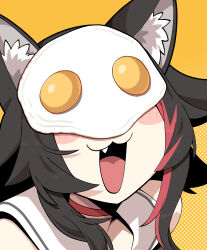 Rule 34 | 1girl, :3, :d, absurdres, animal ear fluff, black hair, blush, close-up, cocomayo29 (tomato), commentary request, covered eyes, fang, food, food on head, fried egg, highres, hololive, korean commentary, long hair, multicolored hair, object on head, ookami mio, open mouth, orange background, parody, photo-referenced, red hair, smile, solo, streaked hair, tail, virtual youtuber, wolf girl, wolf tail