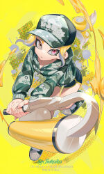 Rule 34 | 1girl, artist name, baseball cap, black shorts, blonde hair, breasts, camouflage, camouflage headwear, camouflage jacket, commentary request, dolphin shorts, full body, green footwear, green hat, green jacket, grey eyes, hat, heterochromia, highres, holding, holding weapon, hood, hood down, hooded jacket, jacket, jinkoika, looking to the side, nintendo, octoling, octoling girl, octoling player character, order roller (splatoon), paint splatter, parted lips, pink eyes, print headwear, shoes, short hair, short ponytail, shorts, sidelocks, sneakers, solo, splatoon (series), splatoon 3, standing, standing on one leg, suction cups, tentacle hair, weapon, yellow background, yellow trim, zipper, zipper pull tab