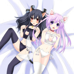 Rule 34 | 2girls, animal ears, bell, black hair, blush, breasts, cat ears, cat lingerie, cat tail, collar, dog ears, dog tail, highres, lingerie, meme attire, multiple girls, neck bell, nepgear, neptune (series), open mouth, purple eyes, purple hair, red eyes, small breasts, smile, tail, thighhighs, underwear, uni (neptunia), waruga
