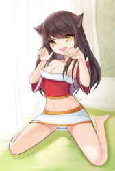 Rule 34 | 1girl, absurdres, ahri (league of legends), animal ears, bad id, bad pixiv id, bare shoulders, breasts, brown hair, cat ears, cleavage, collarbone, dduck kong, highres, large breasts, league of legends, long hair, looking at viewer, medium hair, midriff, navel, open mouth, short sleeves, sitting, smile, solo, yellow eyes