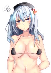 Rule 34 | 1girl, absurdres, alternate costume, arm behind back, bare arms, bare shoulders, bikini, black bikini, blush, breasts, cleavage, closed mouth, collarbone, grey eyes, hair ornament, hat, head tilt, highres, kantai collection, kashima (kancolle), large breasts, long hair, looking at viewer, micro bikini, motty, navel, pout, sidelocks, silver hair, simple background, solo, stomach, swimsuit, tsurime, twintails, wavy hair, white background