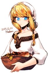 Rule 34 | 1girl, artist name, bare shoulders, basket, blonde hair, blue eyes, braid, bread, carrying, dated, dress, expressionless, food, fruit, hood, hyrule warriors, linkle, long hair, nintendo, pointy ears, signature, simple background, solo, the legend of zelda, twin braids, upper body, white background