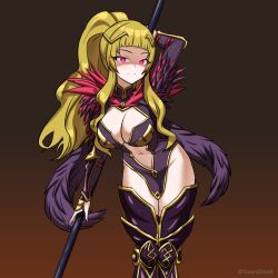 Rule 34 | 1girl, af2345, alternate costume, alternate eye color, black dress, black wings, blonde hair, boots, breasts, center opening, clair (fire emblem), cleavage, commentary, cowboy shot, dress, feathered wings, fire emblem, fire emblem echoes: shadows of valentia, glowing, glowing eyes, gradient background, groin, highres, holding, holding polearm, holding weapon, large breasts, long hair, navel, nintendo, polearm, ponytail, red eyes, revealing clothes, simple background, solo, thigh boots, thighhighs, twitter username, weapon, wings