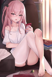 Rule 34 | 1girl, absurdres, black panties, blush, book, breasts, cameltoe, cellphone, chair, cleavage, collarbone, crossed ankles, female focus, furrowed brow, highres, holding, holding phone, indoors, inui sajuna, knees up, long hair, looking at viewer, no shoes, one side up, open mouth, panties, phone, pink eyes, pink hair, sherryqq, shirt, single bare shoulder, single thighhigh, sitting, small breasts, smartphone, solo, sono bisque doll wa koi wo suru, table, thighhighs, toes, underwear, v-neck, v-shaped eyebrows, white shirt, white thighhighs